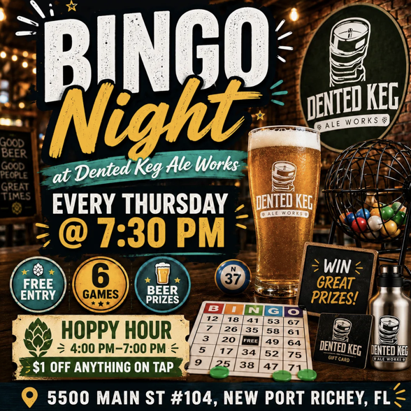 BrewsFlorida's tweet photo. Grab a pint, bring your lucky friends, and settle in for a free Thursday night of beer, bingo, prizes, and New Port Richey taproom fun.

https://t.co/LKV7Z71kKQ https://t.co/Gaskcbkr82