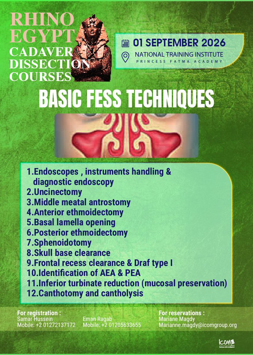 RhinoEgypt's tweet photo. Master the fundamentals. Build surgical confidence.
Join the Rhino Egypt Basic FESS Cadaver Course.

📆 1 September 2026
📍National Training Institute – Princess Fatma Academy

ERS Members Grant: https://t.co/OnnvCn5oq8
PARS Members: https://t.co/7nbB173Cfm https://t.co/JzcSKJsn2f