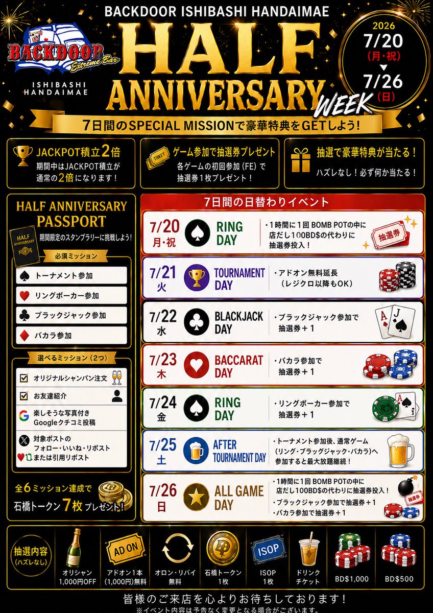 ISHIBASHI_BD's tweet photo. 🎉BACKDOOR ISHIBASHI HANDAIMAE🎉
＼HALF ANNIVERSARY WEEK 開催決定！／
🗓️7/20(月・祝)～7/26(日)
おかげさまでBACKDOOR石橋阪大前店はオープンから半年を迎えます！ 日頃の感謝を込めて、1週間限定のスペシャルイベントを開催✨
🔥期間中毎日開催🔥 🎰 JACKPOT積立2倍！ 🎟️ ゲーム参加でハズレなし抽選券GET！ 🪪 HALF ANNIVERSARY PASSPORT開催！ 6つのミッションをコンプリートすると石橋トークン7枚プレゼント！
さらに毎日内容が変わる日替わりイベントも実施🎉
♠ Ring Day ♥ Baccarat Day ♣ Blackjack Day 🃏 Tournament Day 🍺 After Tournament Day 🌟 ALL GAME DAY
普段トーナメントしか遊ばない方も、この機会にリング・バカラ・ブラックジャックをぜひ体験してみてください😊
皆様のご来店をスタッフ一同お待ちしております！
詳しくはこちら💁‍♀️
https://t.co/XytPNEb16p

そして！
ハーフアニバーサリーを記念して
２０日にウォームアッププロローグを開催します！！
初のトロフィーをGETするのは誰だ！！🏆