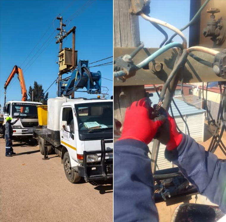 cbdoilRSA's tweet photo. π· #FixingTheFrontline | #CoEPowerUpdate
Our electricity teams are on the ground responding to faults and carrying out maintenance to keep communities safely connected.
π· Current operations:
π· #Slovo Phase 2 (Durban Drive)Maintenance is underway on a pole-mounted transformer following a power outage affecting multiple customers.
π· #Reedville (276 Moscow Lane)Electricity supply has been restored after technicians successfully repaired a burnt PG clamp.
π· To report electricity faults, contact the City Call Centre on 0860 54 3000.
Together, we're #FixingTheFrontline by delivering reliable services to our communities.