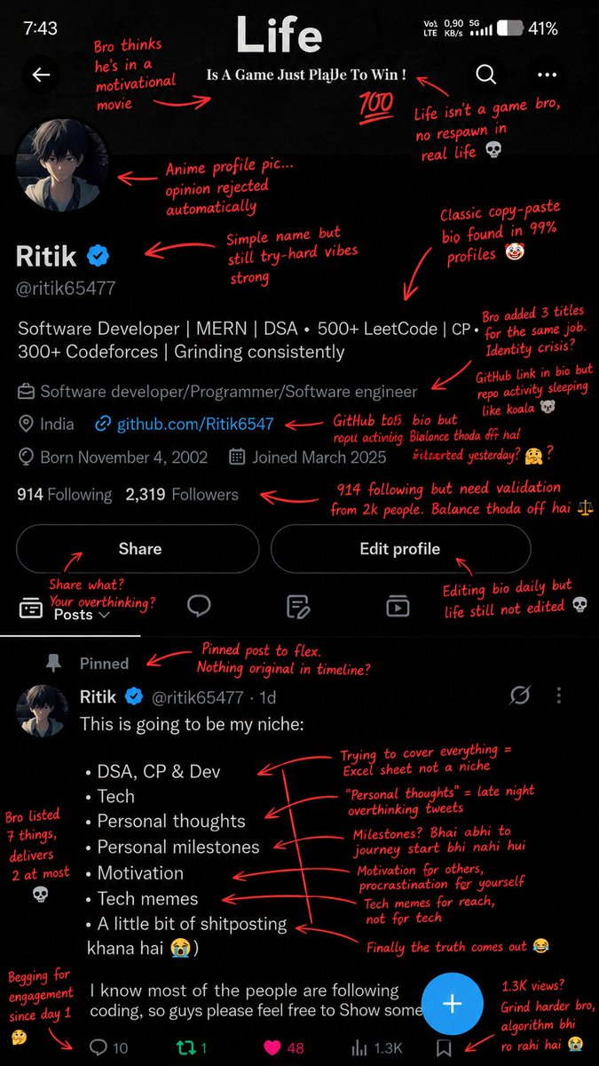 ritik65477's tweet photo. ChatGPT roasted my profile so bad 😭💀 https://t.co/0tAuR3V0z6