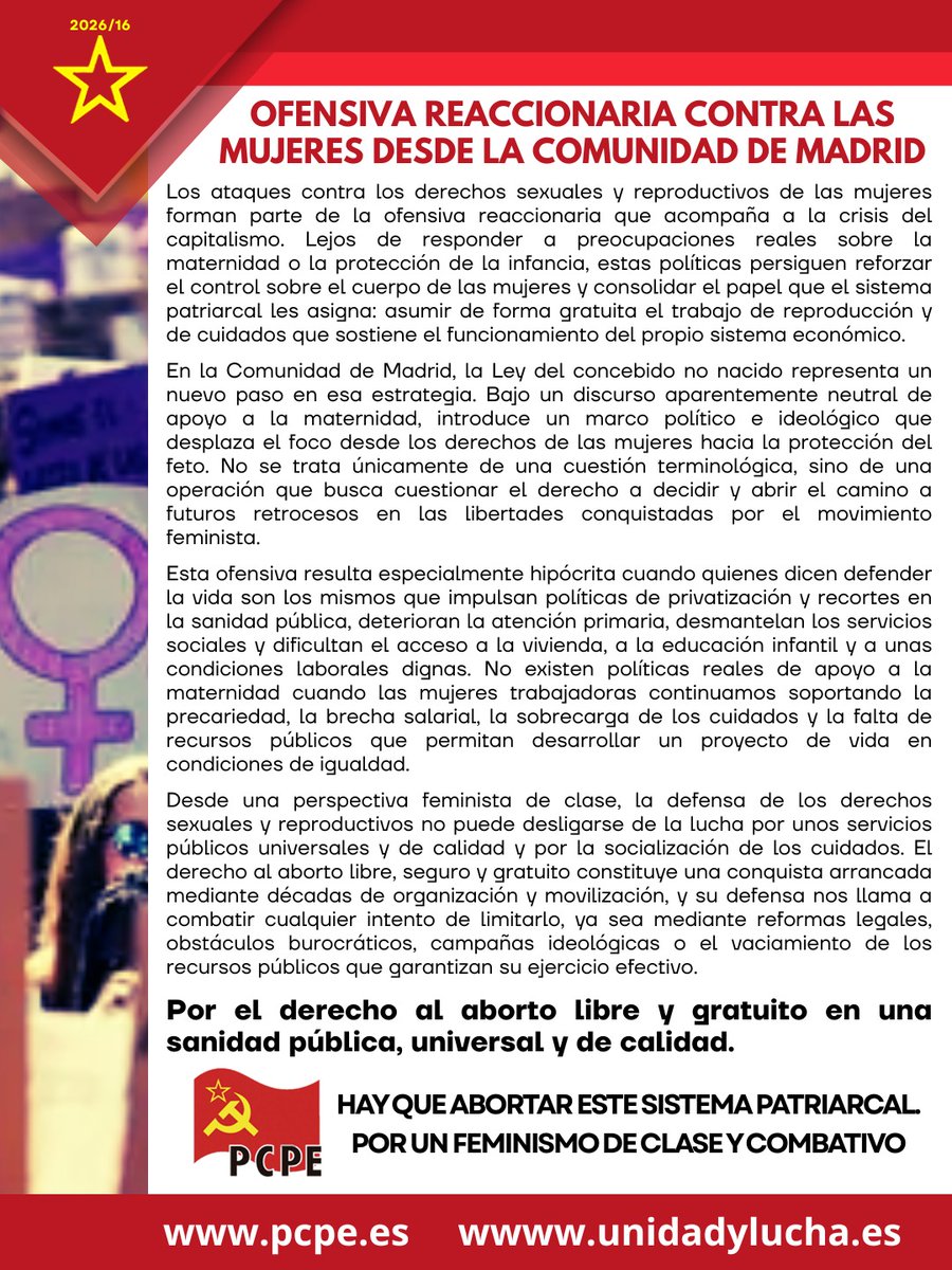 PCPE_Comunista's tweet photo. "La defensa de los derechos sexuales y reproductivos no puede desligarse de la lucha por unos servicios públicos universales y de calidad y por la socialización de los cuidados." https://t.co/ABt4eJWF2J