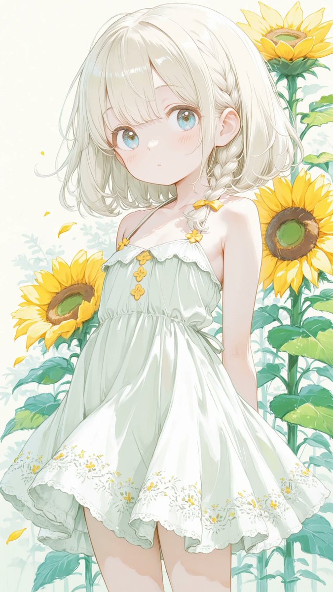 AliceLavli's tweet photo. 夏のワンピースは良いですよね✨
衣装プロンプトをどうぞ♪
被ったかな？
white halter sundress, thin self-tie halter straps tied behind the neck, deep V-neckline, fitted princess-seam bodice, eight small round sunflower-yellow buttons arranged in two perfectly parallel vertical rows on the front bodice, natural waist seam, full gathered A-line midi skirt with smooth flowing volume, pure white matte cotton fabric, botanical embroidery placed only on the lower left and lower right front skirt, graceful brown flowering branches with olive green leaves and numerous small bright yellow five-petal blossoms, symmetrical floral placement, clean unadorned hem, no lace, no ruffles, no frills, no layered skirt, no overskirt, no belt, no bow, no corset, no additional accessories, pure white fabric only, sunflower-yellow buttons only, brown branches only, olive green leaves only, bright yellow blossoms only, strict color placement, crisp tailoring, elegant minimalist summer dress