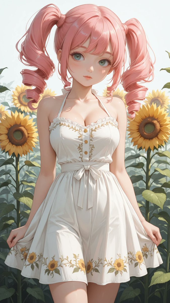 AliceLavli's tweet photo. 夏のワンピースは良いですよね✨
衣装プロンプトをどうぞ♪
被ったかな？
white halter sundress, thin self-tie halter straps tied behind the neck, deep V-neckline, fitted princess-seam bodice, eight small round sunflower-yellow buttons arranged in two perfectly parallel vertical rows on the front bodice, natural waist seam, full gathered A-line midi skirt with smooth flowing volume, pure white matte cotton fabric, botanical embroidery placed only on the lower left and lower right front skirt, graceful brown flowering branches with olive green leaves and numerous small bright yellow five-petal blossoms, symmetrical floral placement, clean unadorned hem, no lace, no ruffles, no frills, no layered skirt, no overskirt, no belt, no bow, no corset, no additional accessories, pure white fabric only, sunflower-yellow buttons only, brown branches only, olive green leaves only, bright yellow blossoms only, strict color placement, crisp tailoring, elegant minimalist summer dress