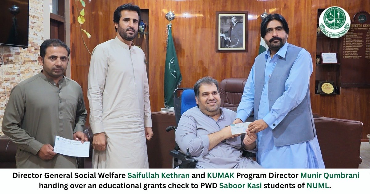 kumakprogram's tweet photo. Director General Social Welfare, Saifullah Kethran, and KUMAK Program Director, Munir Qumbrani, present an educational grant check to dedicated NUML student Saboor Kasi https://t.co/Wek7yFAESi