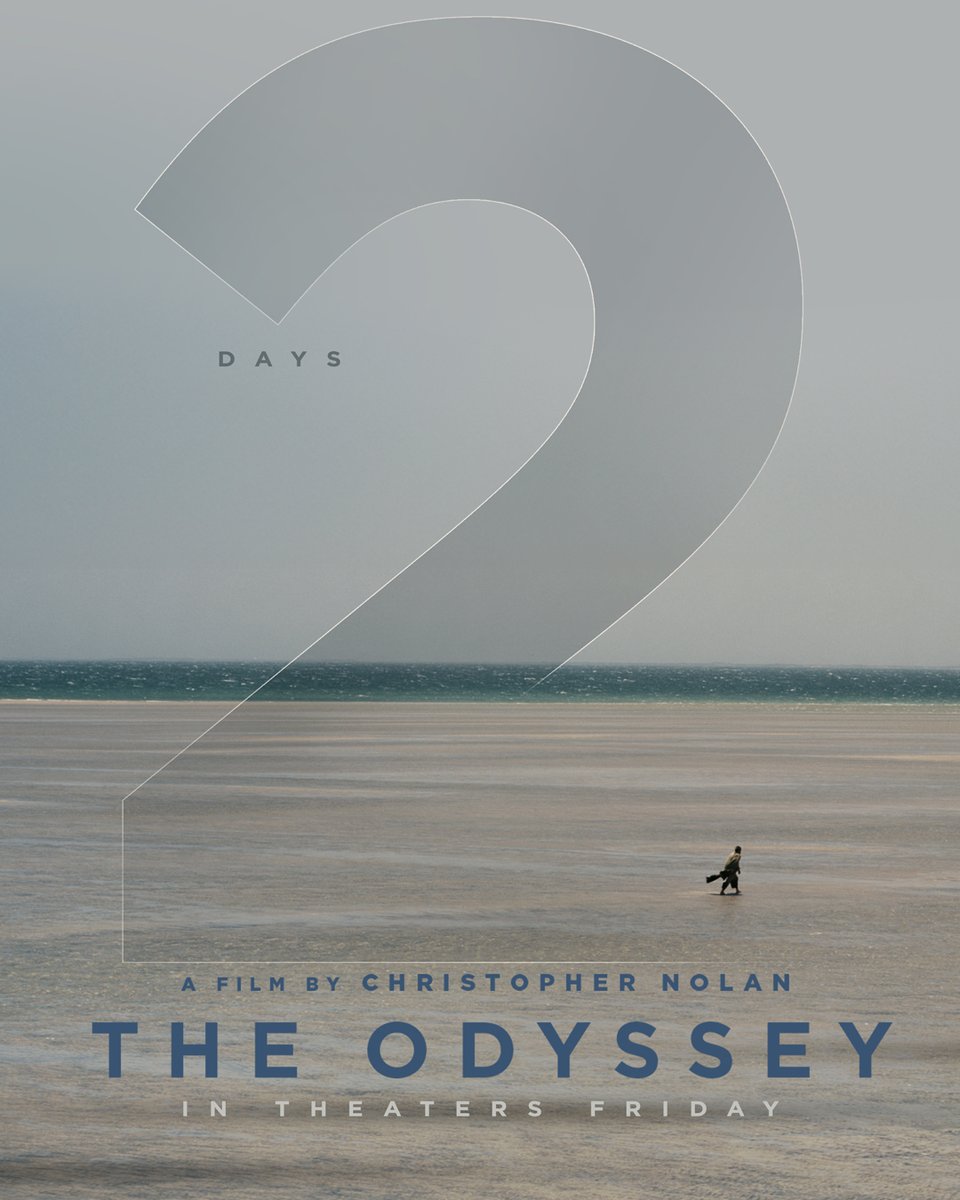 odysseymovie's tweet photo. In 2 Days, the epic arrives. Experience Christopher Nolan's The Odyssey in theaters Friday. Get tickets now. https://t.co/trAonL4Pwa