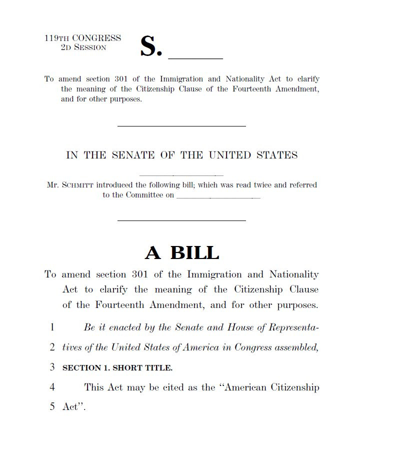 SenEricSchmitt's tweet photo. SCOTUS got birthright citizenship dangerously wrong.

I'm filing the American Citizenship Act to start the process of restoring the 14th Amendment's original meaning.

My bill restores the original understanding to prevent birthright citizenship for illegal aliens and tourists. https://t.co/3m2XWdBaKs