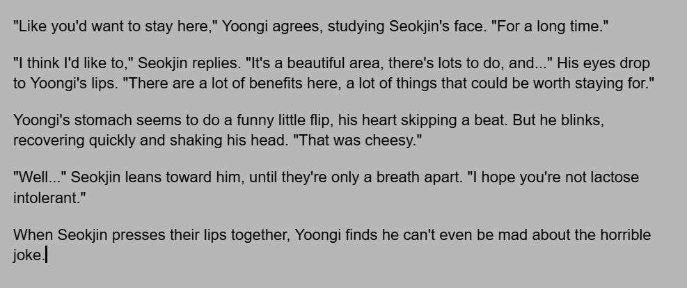 deepslowpanic's tweet photo. I've slowly been getting back into writing as I recover, so here's a WIP Wednesday sneak peek at the final chapter of my yoonjin fic. Progress is being made!! I think maybe I've peaked with this line though... https://t.co/Q7imcM0sND