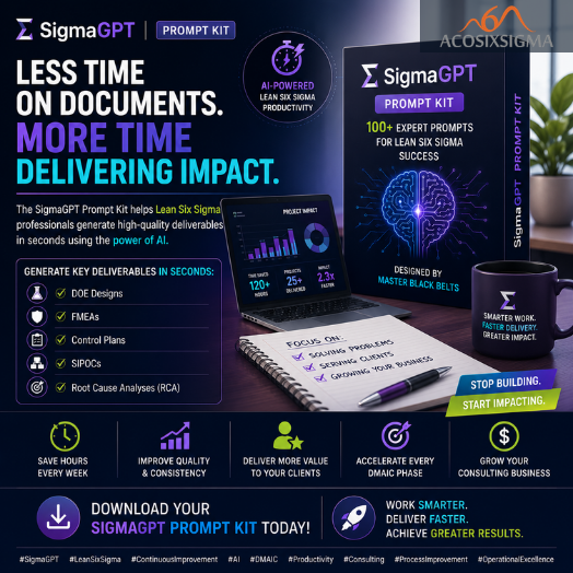 acosixsigma's tweet photo. 🚀 The difference between an average Six Sigma project and a high-impact one isn't always the methodology.

More often, it's the speed at which teams can analyze data and make confident decisions.

I've seen projects delayed for weeks because teams were busy creating deliverables instead of solving the actual problem.

📊 DOE Designs
📋 FMEAs
🎯 CTQ Trees
📈 Control Plans
🧩 Root Cause Analyses
These are essential tools—but building them manually consumes valuable time.
Today, AI can help you change that.
That's why I created the SigmaGPT Prompt Kit: more than 100 AI-powered prompts designed by Master Black Belts to accelerate every DMAIC phase, reduce rework, and help you focus on what really matters—delivering business results.
💡 AI doesn't replace your expertise.

It amplifies it.

The professionals who stand out aren't the ones working the longest hours.

They're the ones using the smartest tools.

👉 Download your SigmaGPT Prompt Kit today:
https://t.co/t4vZ9m1cbp

What Six Sigma deliverable consumes the most time in your projects?

#SigmaGPT #LeanSixSigma #ContinuousImprovement #OperationalExcellence #DMAIC #ArtificialIntelligence #AI #ProcessImprovement #Consulting #BlackBelt #GreenBelt #OperationalExcellence #Innovation #DigitalTransformation #Productivity #QualityEngineering