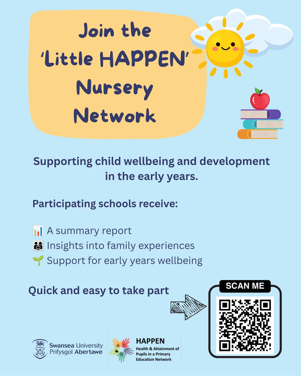 HAPPEN_Wales's tweet photo. 🏫 Join 'Little HAPPEN'!

We're inviting Wales nursery &amp; reception schools to our early years wellbeing network. 🏴󠁧󠁢󠁷󠁬󠁳󠁿

Share a quick parent survey (ages 3–5) &amp; get:
📊 Free reports
💡 Wellbeing insights &amp; resources

Sign up 👉 https://t.co/7vy3uaVERj @CentrePopHealth https://t.co/5KQiY6FVPC
