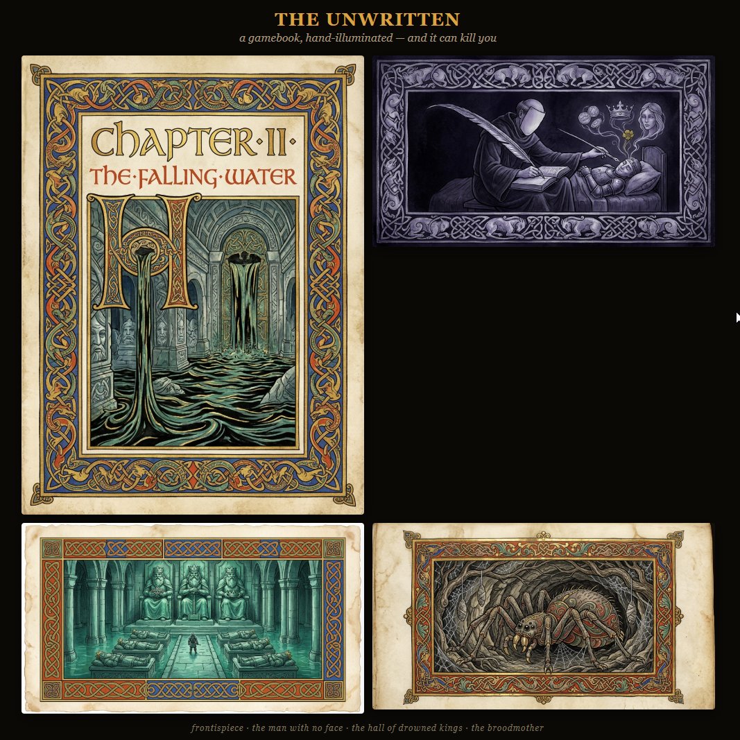 eliphas's tweet photo. Every page of the gamebook is like a illuminated manuscript.

It's called The Unwritten — pick a sigil, roll the dice, and it means it when it says you can die.

Three of its seven doors are written so far. A few of its pages 

#gamebook #indiedev #ttrpg https://t.co/CrMn93S0Wu