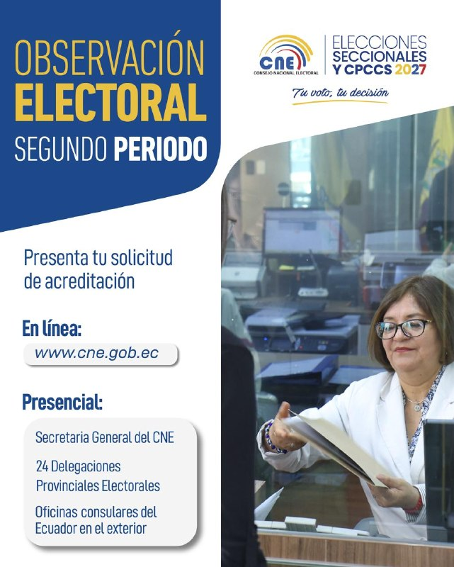 cnegobec's tweet photo. ¡Participa de manera cívica y voluntaria! 🤝

En la segunda etapa de acreditación para Observadores Electorales de las #Elecciones2027Ec y #ElecciónCPCCS207. 🇪🇨🗳️

📌 Descarga la convocatoria, reglamentos y formularios en: https://t.co/7jydYZoM65 https://t.co/JGhcjmRFG6