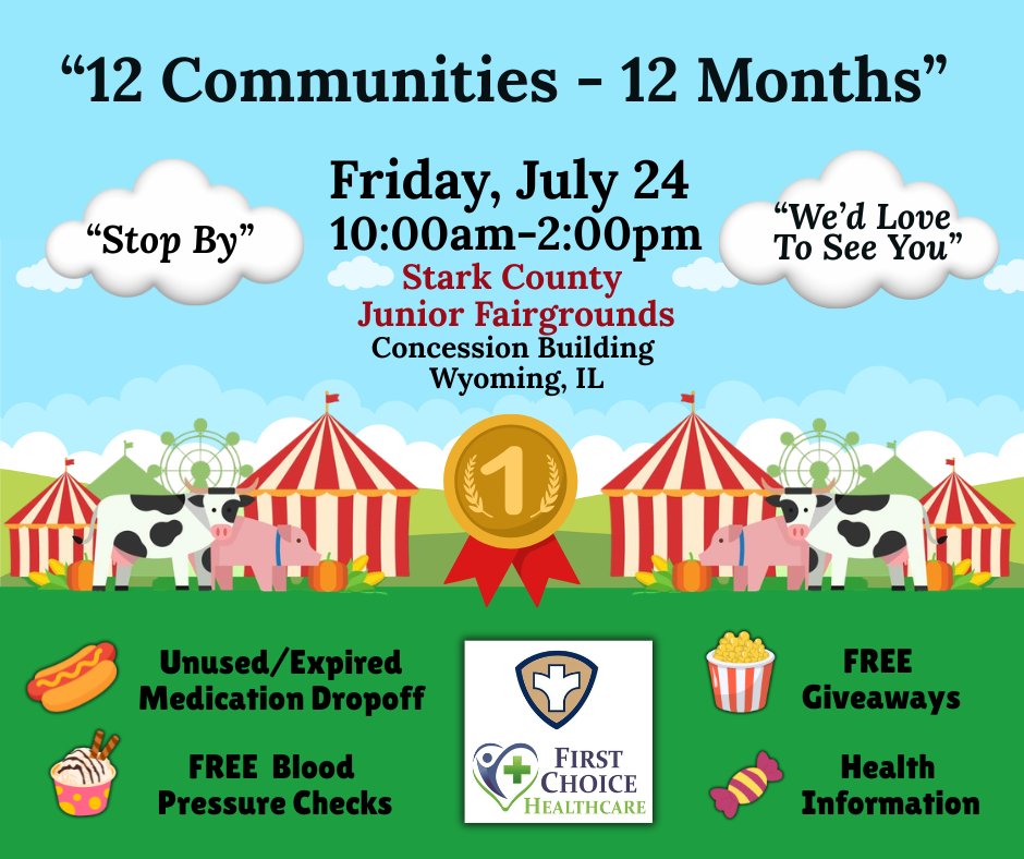 FCH_Clinics's tweet photo. @HenryStarkHD @FCH_Clinics “12 Communities, 12 Months” event for July will be a special outreach display on Friday, July 24th from 10:00am-2:00pm in the Concessions Building at the Stark County Junior Fair, Wyoming, IL
https://t.co/9wQd2kUUhN https://t.co/0GAPgXHbsa