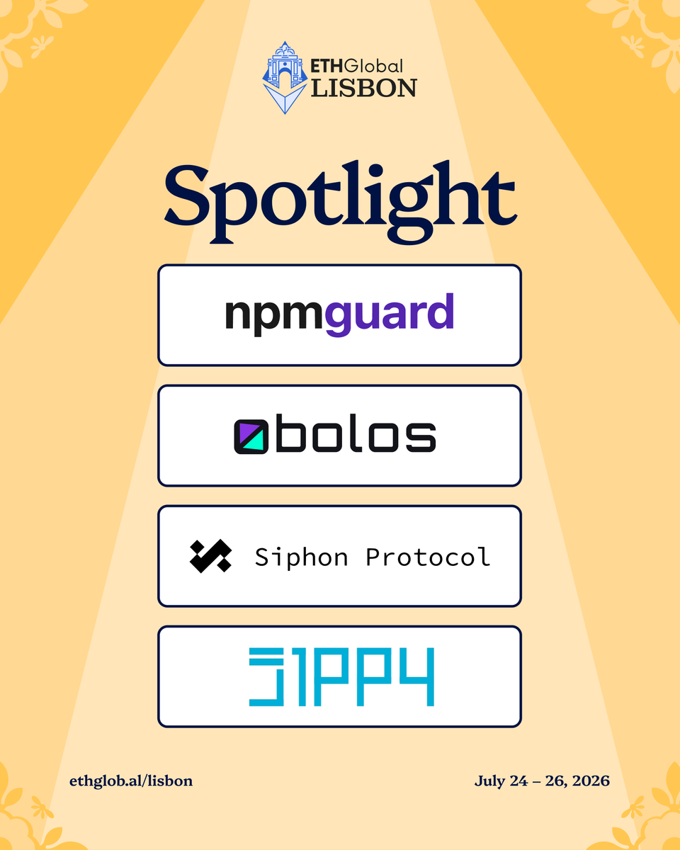 ETHGlobal's tweet photo. The strongest hackathon projects rarely stop at submission.

Meet the four teams featured in our ETHGlobal Lisbon Spotlight:

@npmguard
@siphonlab
@equitylayer
@sippylat

See what they’ve built on the hackathon floor, July 24–26. ↓ https://t.co/oyu9KC6kAt
