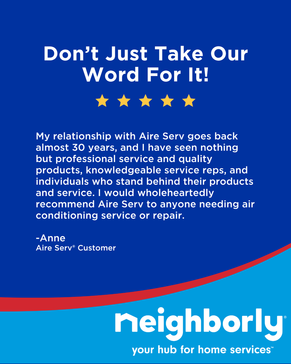 Neighborly's tweet photo. Nearly 30 years of trust speaks for itself. ⭐⭐⭐⭐⭐
When homeowners stick with Aire Serv® for decades, it’s not by chance. It’s consistent, reliable service from local experts who stand behind their work every time. That’s the kind of comfort you can count on.
#AireServ https://t.co/Y21jh6JVzU