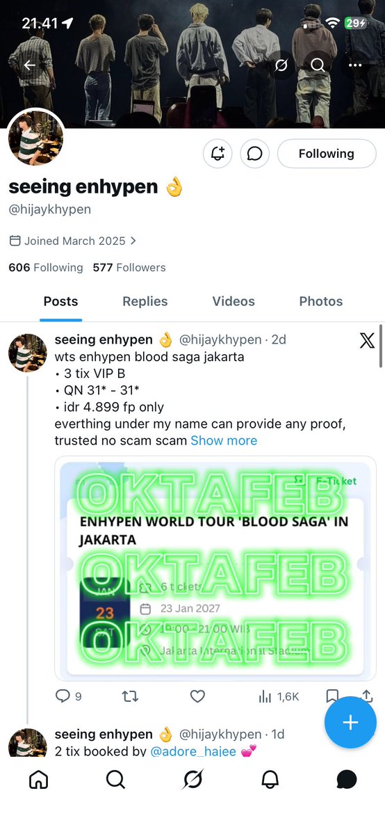 jaybegopayoo's tweet photo. ‼️SCAMMER TIKET ENHYPEN BERKEDOK WTS‼️

guys, aku baru aja ketipu sama @hijaykhypen dia wts dan bilangnya kebeli 6 tiket, dia cuma ambil 2 tiket makanya 4 tiket nya dijual.

ini akun threads sama instagram nya juga dan +62 896-8647-8406 ini nomer wa nya tapi udah ga aktif. https://t.co/OgmUduUSV1