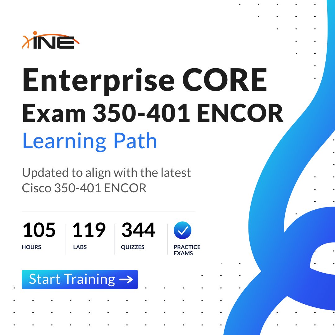 ine's tweet photo. The Cisco #ENCOR exam has evolved, and so has INE's prep experience. 🤝

Explore the updated learning path: ➡️ https://t.co/Nu6nuHD0cK

Aligned to the latest 350-401 v1.2 blueprint with nearly 200 hours of training, 116 hands-on labs, 314 quizzes, and integrated practice exams. https://t.co/oAIHScyG6z