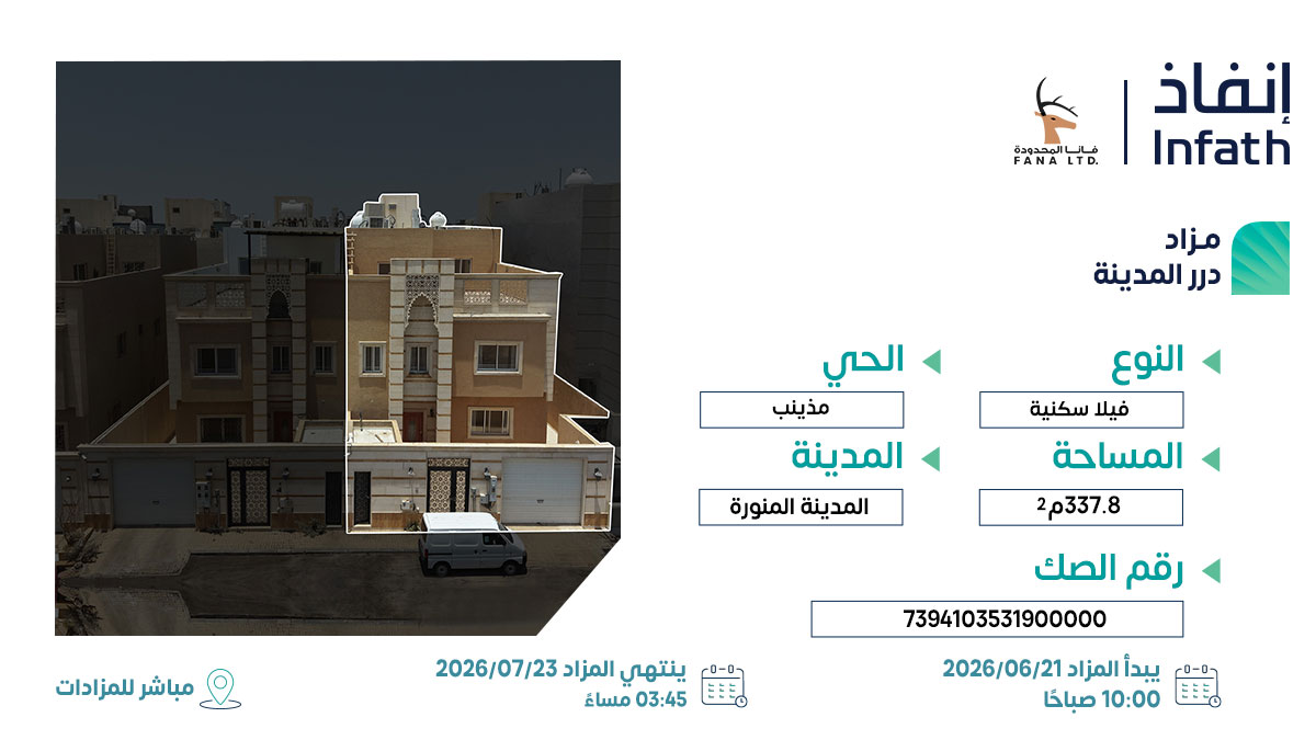 fanaltd's tweet photo. أربعة أصول عقارية مميزة مطروحة ضمن مزاد "درر المدينة".. فأيها ستختار للمنافسة؟

تشمل الفرص أرضًا زراعية في حي الخليل وأرضًا تجارية سكنية في حي المبعوث وعمارة سكنية في حي الخالدية بمنطقة اللابة المعدل، إضافة إلى فيلا سكنية في حي مذينب
استعد الآن..

يُقام المزاد تحت إشراف مركز الإسناد والتصفية (إنفاذ) وبقرار من محكمة التنفيذ.
تمت الموافقة على إقامة المزاد العقاري من الهيئة العامة للعقار
رقم الموافقة على إقامة المزاد العقاري: 7781

يبدأ المزاد يوم الثلاثاء 21 يوليو 2026 الساعة 10:00 صباحًا
وينتهي يوم الخميس 23 يوليو 2026 بين الساعة 03:30 مساءً إلى الساعة 45: 6 مساءً

المزاد سيقام إلكترونيًا عبر منصة مباشر للمزادات.
للمشاركة والتسجيل من خلال الرابط:
https://t.co/yBDLPW3kZ4

للاطلاع على كتيب المزاد وزيارة موقعنا عبر الرابط التالي: 
https://t.co/MHbI1YHpz2 

وللاشتراك في قناة مزادات فانا لمتابعة كل جديد:
https://t.co/0Qj5daabgU

رقم رخصة فال لشركة فانا المحدودة: 4200000414
@infath_sa  @InfathAuctions
#درر_المدينة #المدينة_المنورة #السعودية #عقارات #مزادات #فانا #إنفاذ
