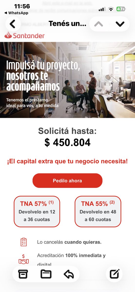 neirayas's tweet photo. @Santander_Ar increíble todos los días me llaman por teléfono y me mandan mails ofreciéndome un préstamo por $ 450.000. No usan algoritmos que si un cliente gasta 5 millones en tarjetas por mes ofrecerle esa suma es ridículo?? Y no hablemos de la tasa !! https://t.co/toWEaJZOv3