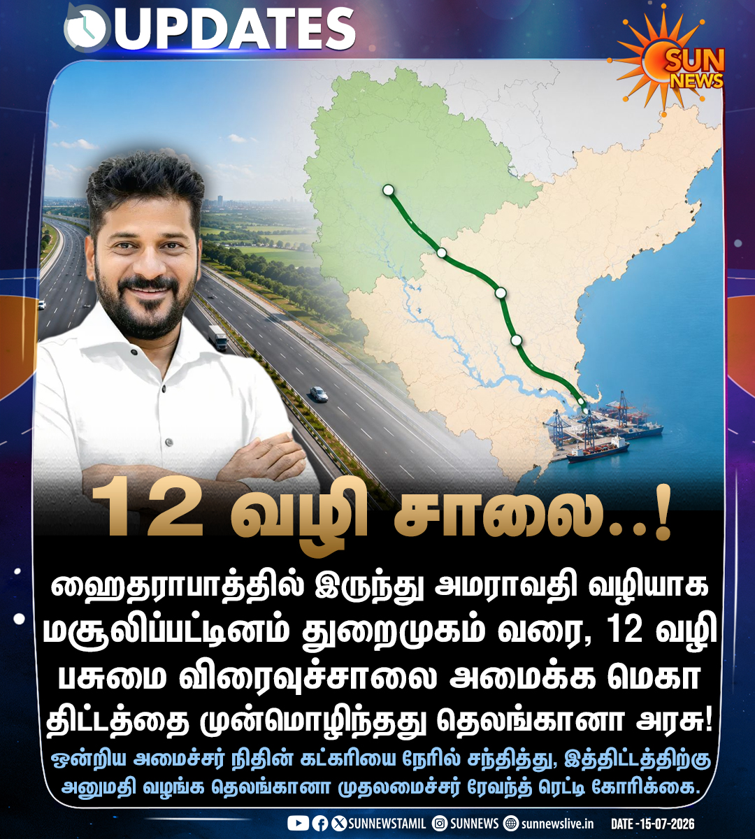 sunnewstamil's tweet photo. #NewsUpdate | ஹைதராபாத் - மசூலிப்பட்டினம் இடையே 12 வழி சாலை அமைக்க தெலங்கானா திட்டம்!

#SunNews | #Telangana | #GreenfieldExpressway https://t.co/1i0f2hbebV