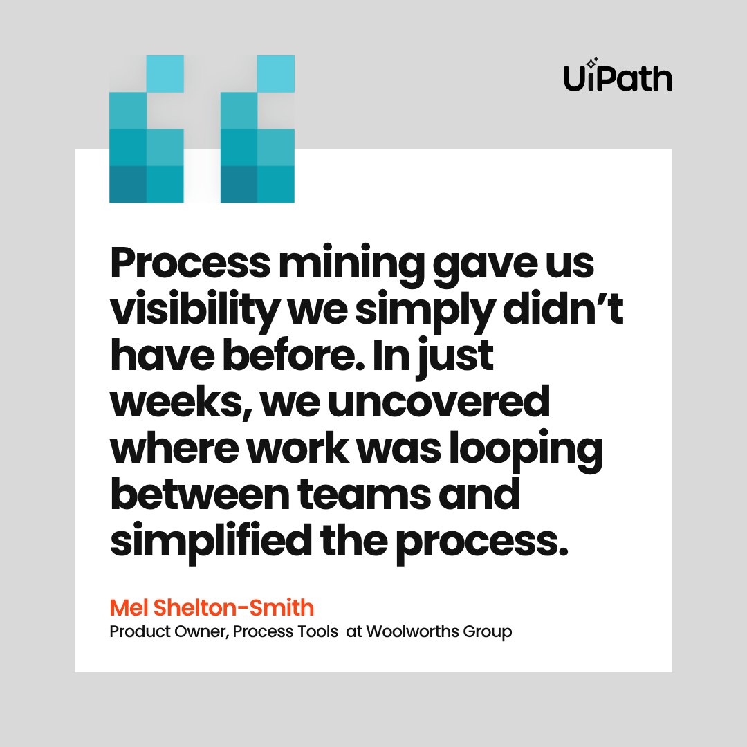 UiPath's tweet photo. You can't fix what you can't see. ๐ #ProcessMining helped @woolworths uncover hidden bottlenecks across 20K monthly store incidents, revealing more actionable insights in 16 weeks than the previous 2yrs. https://t.co/8wC0KSpG3d https://t.co/Uu2kbuBNa3