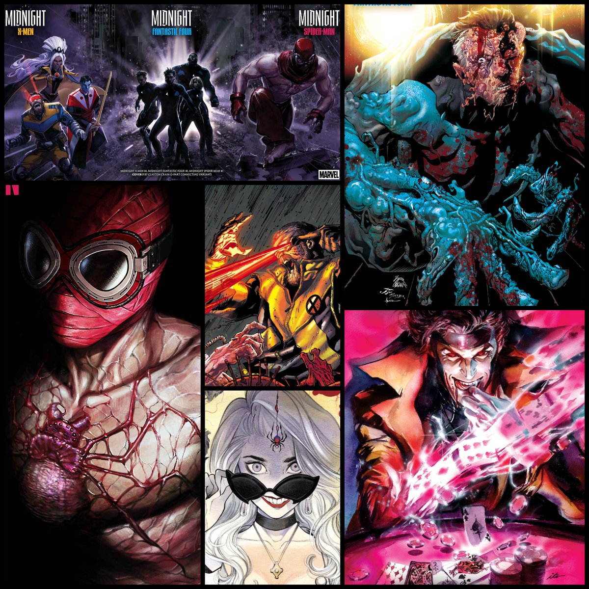 AIPTcomics's tweet photo. 🌙🩸 Marvel has unveiled its new Midnight Universe variant cover program, and we've got 9+ new covers to check out for Midnight Spider-Man, Midnight Fantastic Four, and Midnight X-Men! Plus, details on the new A-E monthly variant lineup.

Don't miss it:
https://t.co/rYuSlk7QVd https://t.co/6ZmOuQBLkZ