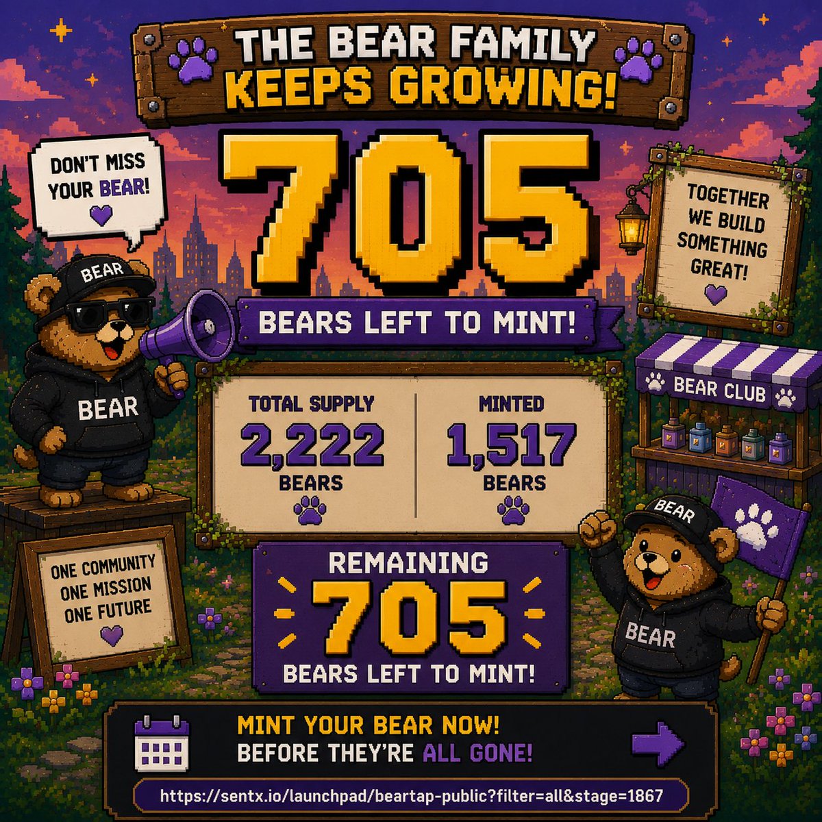 Beartapnft's tweet photo. Only 705 Bears left to mint. 🐻🔥
The community keeps growing and the supply keeps shrinking.
1,517 / 2,222 Bears have already been minted.
Don't wait until it's too late.
🎟️ Mint yours now:
https://t.co/EUfGptzOS1
Every Bear counts. 🧸
#Hedera #NFT #Bear#SentX #MintLive https://t.co/Ntky11gEWo