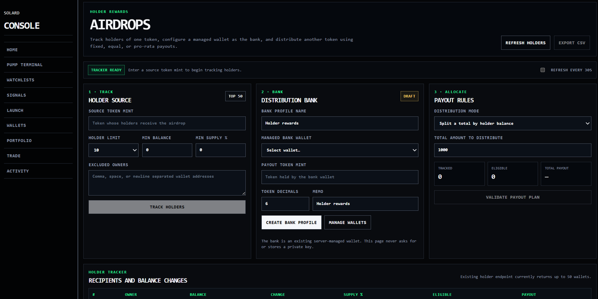 berliangor's tweet photo. Solard is not limited to personal use, you can also run it on a server.

You can use it to run airdrops, memecoin banks, dao treasuries and more, in a few clicks with built-in plugins.

Later tonight I'll try to showcase how each of above usecases works in practice, but here's some sneak peek from UI.