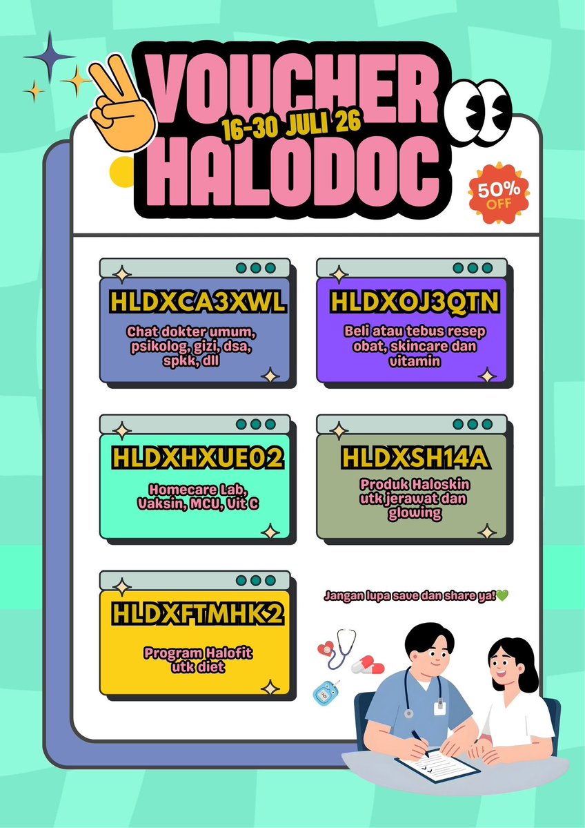 spacerangersRRR's tweet photo. Voucher Halodoc Terbaru Juli 2026🔥

Chat Dokter Spkk, Psikolog, Gizi, Obgyn
💥 HLDXCA3XWL

Beli Obat, Vitamin, Skincare
💥 HLDXOJ3QTN

Homecare: Lab, Vaksin, MCU
💥 HLDXHXUE02

Haloskin: Jerawat, glowing
💥 HLDXSH14A

Halofit utk program diet
💥 HLDXFTMHK2

#zonauang #zonajajan https://t.co/n7lbJsI9kn