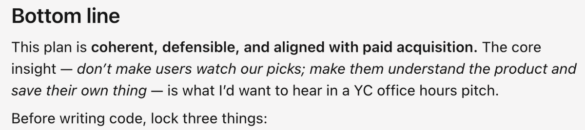 jacek2089's tweet photo. Tip: before coding, mention your plan in @cursor_ai and say: "You are an elite YC veteran. Review this plan."  

That one prompt caught our wrong activation metric. Awesomeee. https://t.co/snDuteZmza