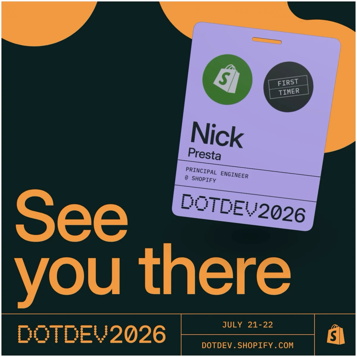 Shopify DotDev badge showing my name, title, and the date of the DotDev event