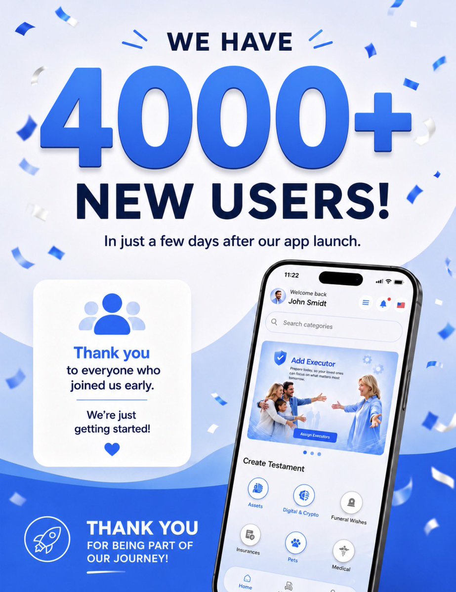 LegacyKeeperApp's tweet photo. 🎉 We’ve reached 4000+ users just days after launch! Thank you for your incredible support. ❤️
Haven’t downloaded the app yet? Get started today! 📲
https://t.co/HbCKC0BwRU
#4000Users #AppLaunch #Startup #DigitalLegacy #EstatePlanning #Tech #Lkt #legacykeeper #app #googleplay https://t.co/sOITk99vat