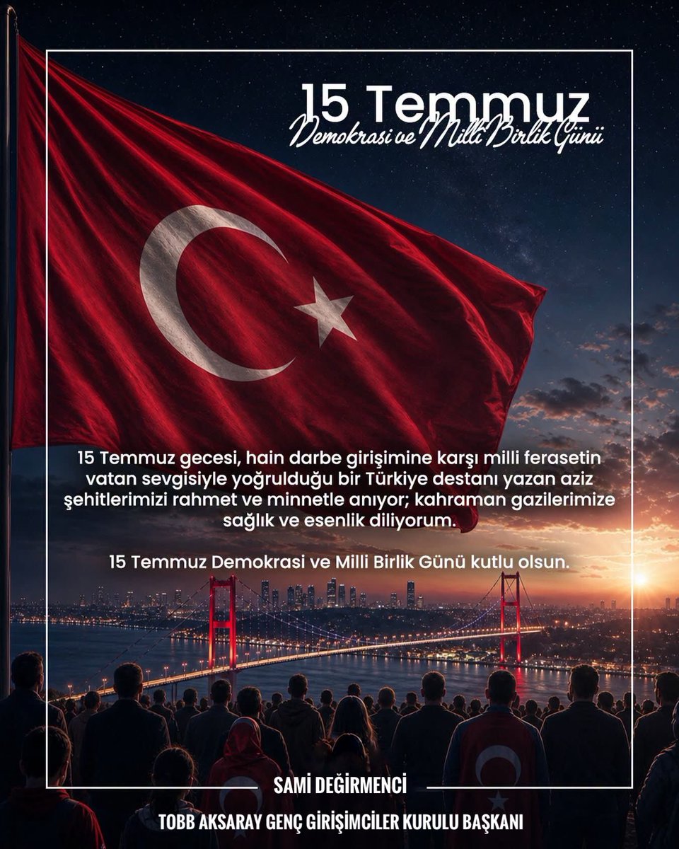 samialtnok's tweet photo. 15 Temmuz gecesi, hain darbe girişimine karşı milli ferasetin vatan sevgisiyle yoğrulduğu bir Türkiye destanı yazan aziz şehitlerimizi rahmet ve minnetle anıyor; kahraman gazilerimize sağlık ve esenlik diliyorum.
15 Temmuz Demokrasi ve Milli Birlik Günü kutlu olsun.🇹🇷 https://t.co/A9740PntkD