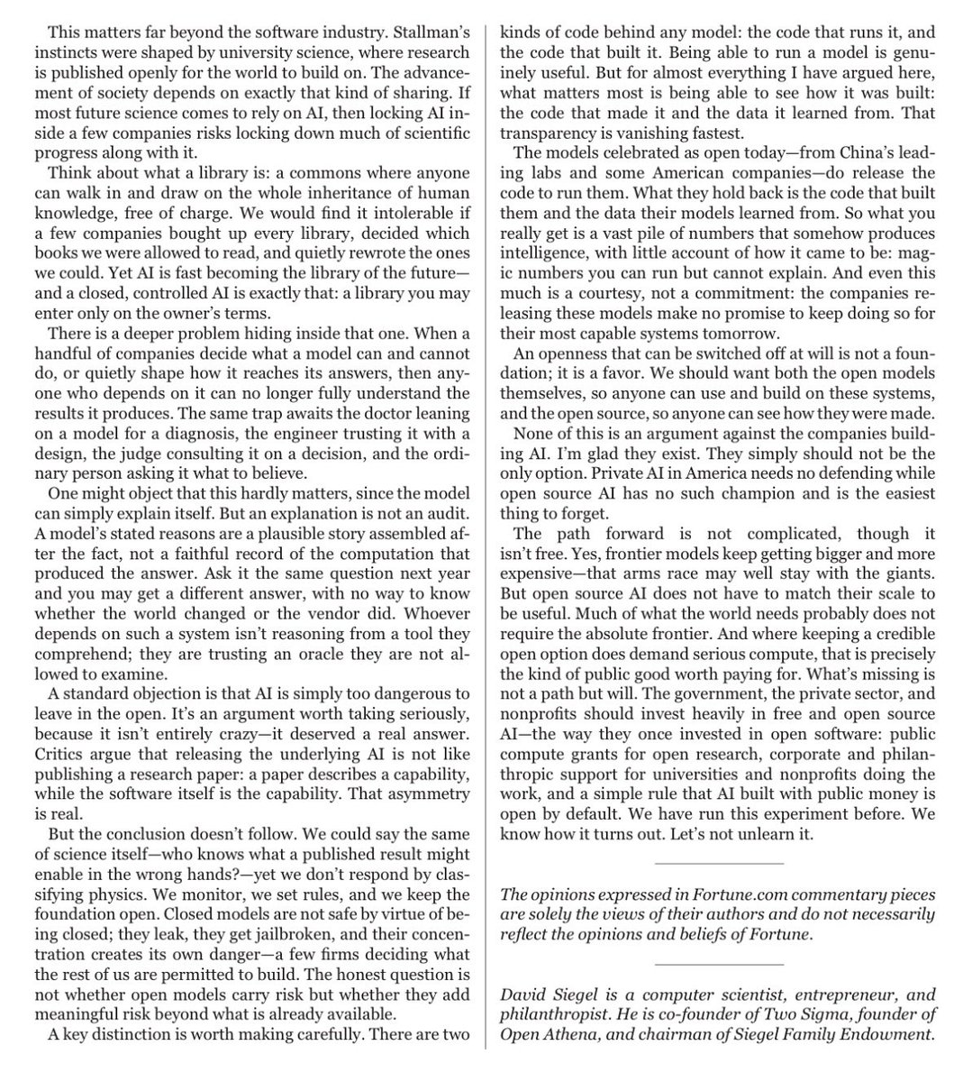 JosephJacks_'s tweet photo. The very wise founder of @twosigma and office-mate of Richard Stallman (father of open source) says governments, companies, and nonprofits must actively fund open source AI (including a rule that publicly funded AI is open by default) before a handful of firms quietly become the sole library of future knowledge…. strong agree.

https://t.co/XADqiQqSyi