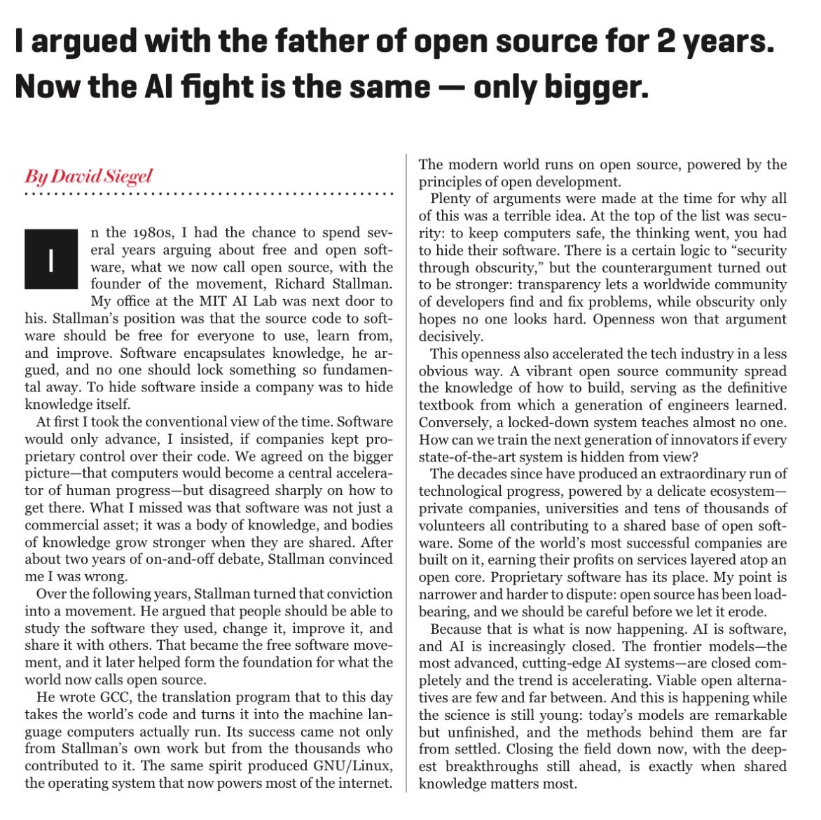 JosephJacks_'s tweet photo. The very wise founder of @twosigma and office-mate of Richard Stallman (father of open source) says governments, companies, and nonprofits must actively fund open source AI (including a rule that publicly funded AI is open by default) before a handful of firms quietly become the sole library of future knowledge…. strong agree.

https://t.co/XADqiQqSyi
