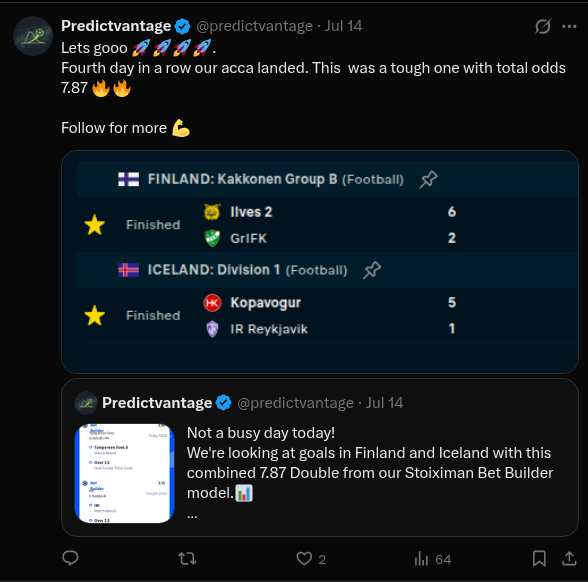 predictvantage's tweet photo. 💥💥 4 Days. 4 Consecutive Clean Sweeps!! 💥💥
Our Poisson distribution model continues to quietly exploit volume thresholds.✅✅✅✅
🎯 Hit FOLLOW to get tomorrow's active value signals directly on your timeline.
#FootballBetting, #PoissonModel, #BettingTips https://t.co/pJVOT95q6h