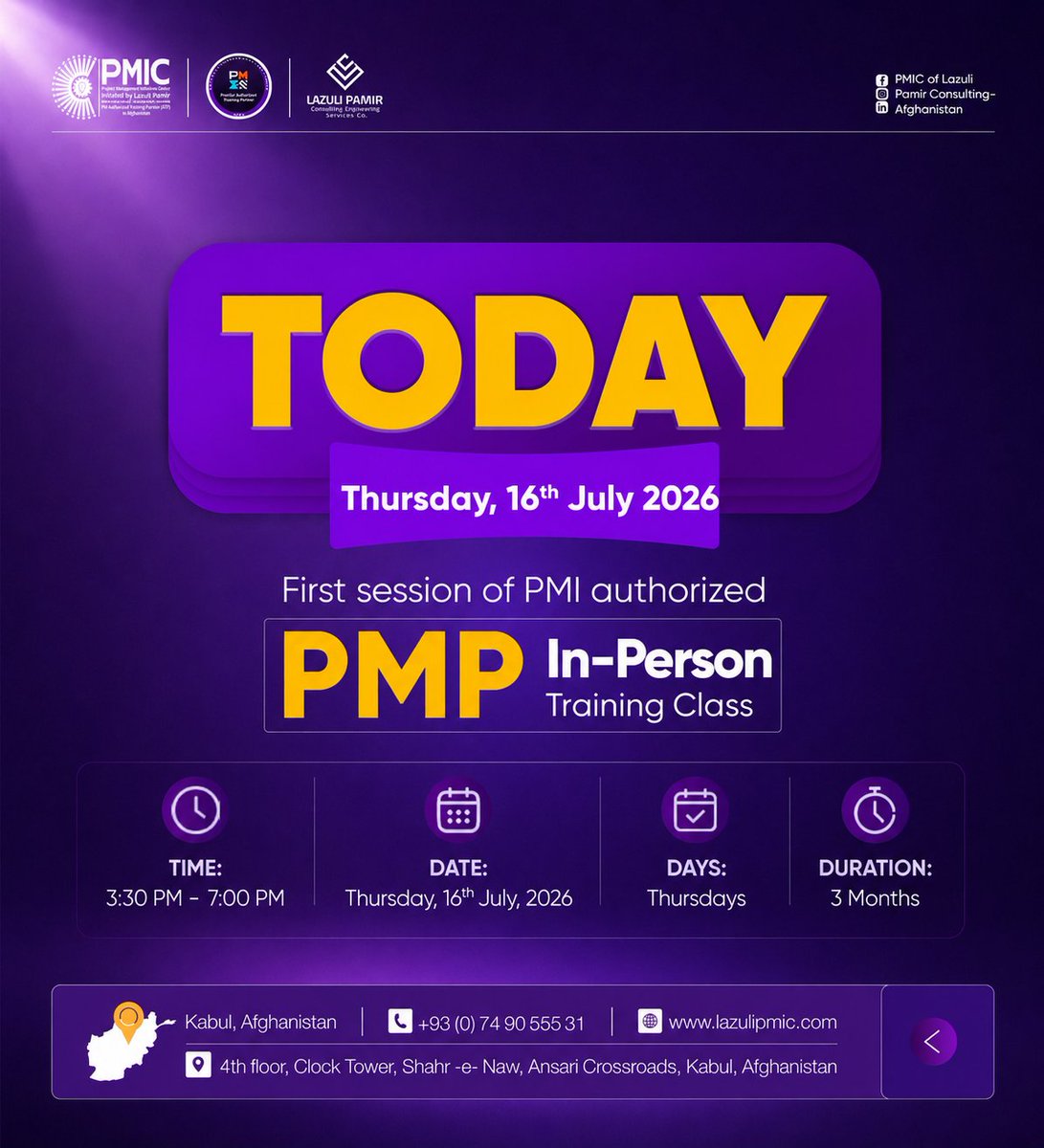 lazulipmic's tweet photo. نن د PMP نوی حضوری صنف پیلېږي!
امروز صنف جدید حضوری PMP آغاز می‌شود!

آدرس: طبقه چهارم، برج ساعت یا Clock Tower، کنار دفتر مرکزی MTN (ATOMA)، شهرنو، کابل

شماره تماس: 0749055531 https://t.co/yRWgl0nd6P