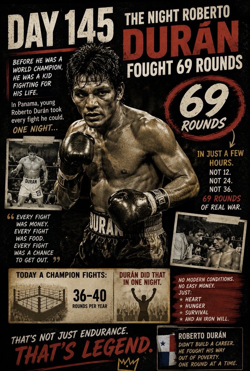 YuryIak's tweet photo. DAY 145
Before the belts.
Before the fame.
Young Roberto Durรกn fought for food, not trophies.
Some stories say he accumulated 69 rounds in a remarkably short period of time.
๐ฅ Survival built the legend.
#RobertoDuran #BoxingHistory #Day145 #ManosDePiedra https://t.co/EX9YWv0GVz