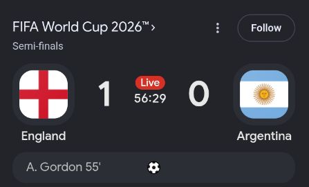 Skilolo6's tweet photo. It's getting better as England has taken the lead . It seems like this world cup is finally coming home this 2026.

#worldcup #EngArg #Messi #England #comingHome https://t.co/MIZhWE0TWN
