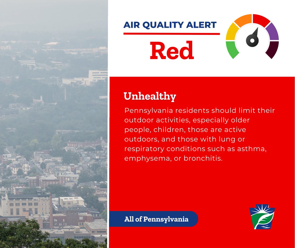 PennsylvaniaDEP's tweet photo. DEP declares a statewide Code Red 🔴 Air Quality Action Day for particulate matter (PM2.5) for Thursday, July 16, 2026.
 
Wildfire smoke from Canada and Minnesota will be entering Pennsylvania’s northernmost counties and pushing into southern counties Wednesday afternoon into Thursday, creating Code Red concentrations of PM2.5.

Residents and businesses within the Air Quality Alert areas are strongly encouraged to voluntarily help reduce fine particulate matter air pollution by:

- Avoiding the use of gas-powered lawn and garden equipment;
- Reducing or eliminating fireplace and wood stove use; and
- Avoiding the open burning of leaves, trash, and other materials

Residents are strongly encouraged to check https://t.co/37kS8AoirO for current conditions in their area.

Read more 👉 https://t.co/Xif2KsPrS5