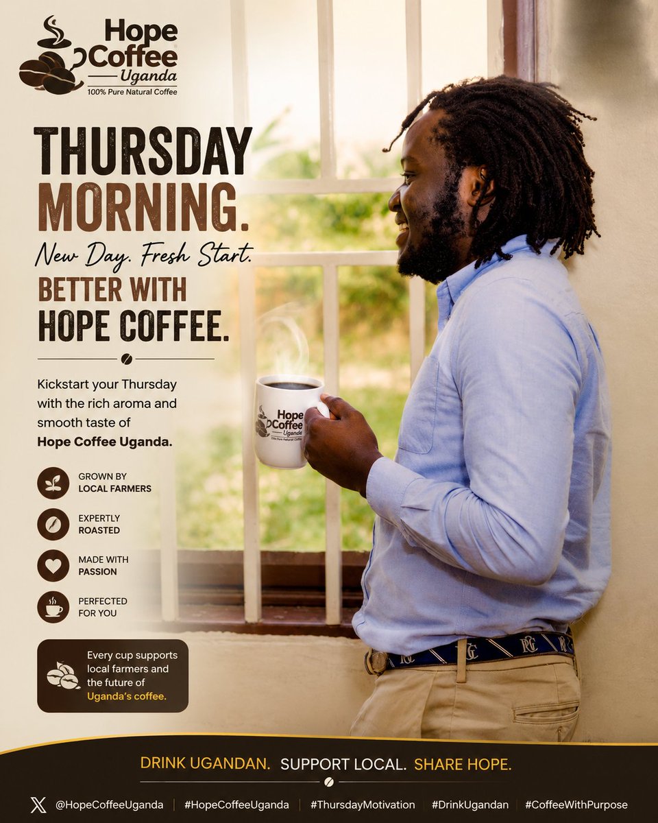 HopeCoffeeUg's tweet photo. A new day, New opportunities. Start it right with a cup of hope Coffee . 
Rich aroma, smooth taste. Proudly grown by Kyotera farmers and roasted for you.
 How do you take your morning coffee? 
Black, with milk or your own special twist? 
Tell us in the comments! https://t.co/shoii26ofo