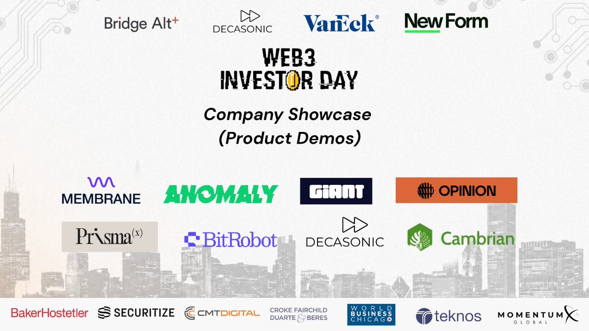 decasonic's tweet photo. At Decasonic, a product-first approach is central to how we invest.

At the 5th Annual Web3 Investor Day, @Membrane_Labs , @anomalygamesinc , Giant, @opinionlabsxyz, @PrismaXai , @BitRobotNetwork , @CambrianNetwork , and @decasonic  will showcase live products translating emerging technologies into tangible use cases and clearer evidence of adoption.

This is our strongest concentration of investors, industry leaders, and product builders yet. With capacity nearly full, register now to secure your place.

July 23 | Willis Tower | TechChicago Week
Register here 👉 https://t.co/iaS8garqgm