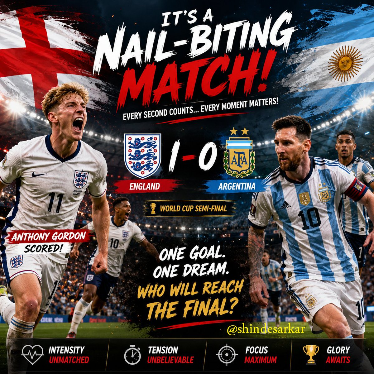 shindesarkar's tweet photo. What a nail-biting World Cup semifinal! 😱🔥

England lead 1-0, but this game is far from over. Every attack, every tackle, every save feels like it could decide who books a place in the FIFA World Cup Final.
The tension is unbelievable. One moment can change everything! ⚽🏆

#ENGARG #England #Argentina #FIFAWorldCup2026 #WorldCup2026 #WorldCupSemiFinal #ThreeLions #VamosArgentina #Football #NailBiter