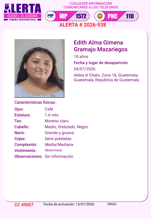 isabel_claudina's tweet photo. #AlertaIsabelClaudina
🚨 Ayúdenos a encontrar a

Edith Alma Jimena Gramajo Mazariegos

Desapareció el  04 de julio de 2026
Cualquier información comunicarse al teléfono 📞 1572
Gracias por difundir esta información❗ https://t.co/Pa3xTZMIAY