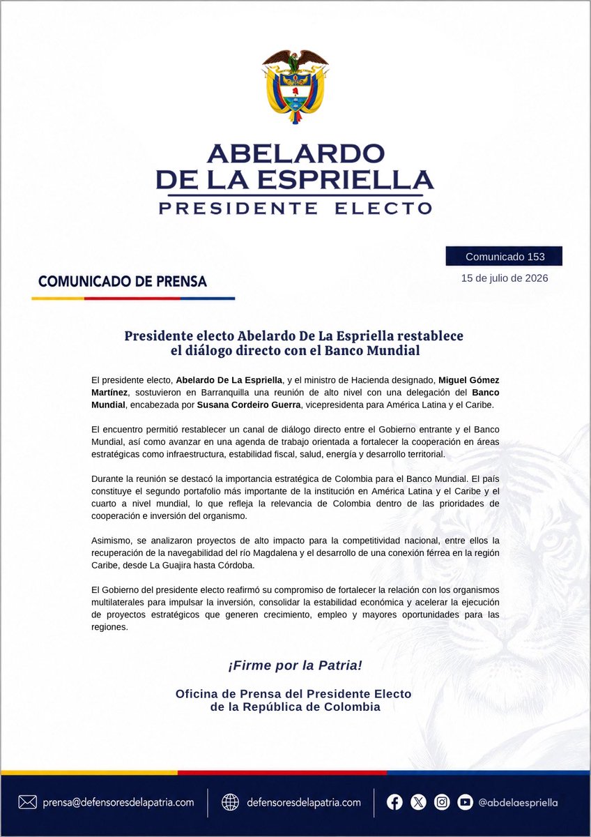 ABDELAESPRIELLA's tweet photo. Colombia vuelve a hablar de frente con el Banco Mundial.

Hoy sostuve una reunión con @scordeiroguerra, vicepresidenta del Banco Mundial para América Latina y el Caribe, junto al ministro de Hacienda designado, Miguel Gómez Martínez.

Restablecimos el diálogo directo con el Banco Mundial y avanzamos en una agenda de cooperación para impulsar proyectos estratégicos en infraestructura, estabilidad fiscal, salud, energía y desarrollo regional.

Colombia es el segundo país más importante para el @BancoMundialLAC y el Caribe y el cuarto a nivel mundial. Esa confianza debe convertirse en inversión, crecimiento y oportunidades para todos los colombianos.

Seguiremos trabajando para que proyectos como la recuperación de la navegabilidad del río Magdalena y la conexión férrea del Caribe se conviertan en una realidad.

¡Firme por la Patria! 
(A.D.L.E) 🇨🇴🐅