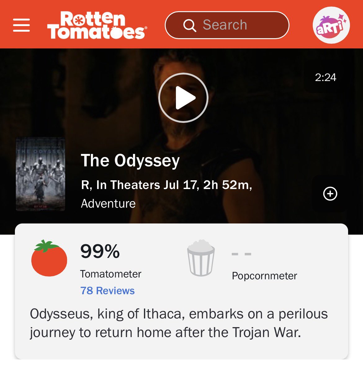 FilmUpdates's tweet photo. Christopher Nolan’s ‘THE ODYSSEY’ debuts with 99% on Rotten Tomatoes.

One of Nolan’s highest rated films to date. https://t.co/AXd9G6gk8Q
