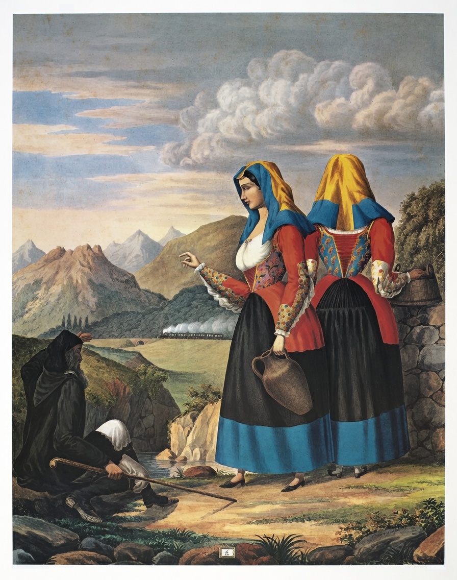 Planet_Sardinia's tweet photo. 🚂In this 19th-century lithograph by Simone Manca di Mores, titled Su Caminu de Ferru (The Railway), a group of figures in traditional attire stands on a hillside, watching a steam train in the distance with quiet curiosity. The scene captures the exact moment when modern progress first entered Sardinia's landscape.