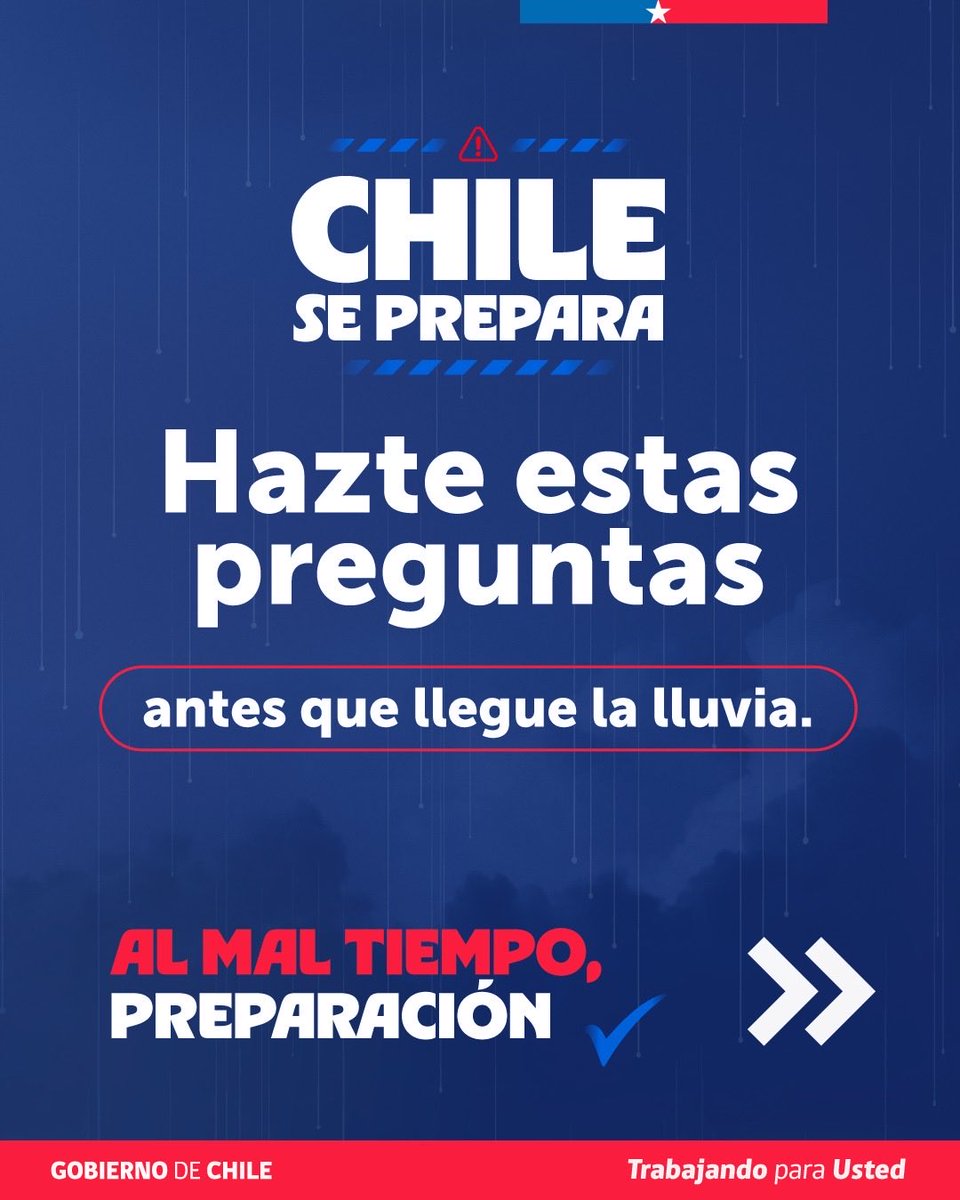 MDSLosLagos's tweet photo. #ChileSePrepara ⚠️
¡PREPÁRATE PARA LAS LLUVIAS! 🌧️
Antes de que llegue el sistema frontal, hazte estas preguntas 👆🏼

#InviernoPreparado #TrabajandoParaUsted 🇨🇱 https://t.co/3vHCCj1g0c