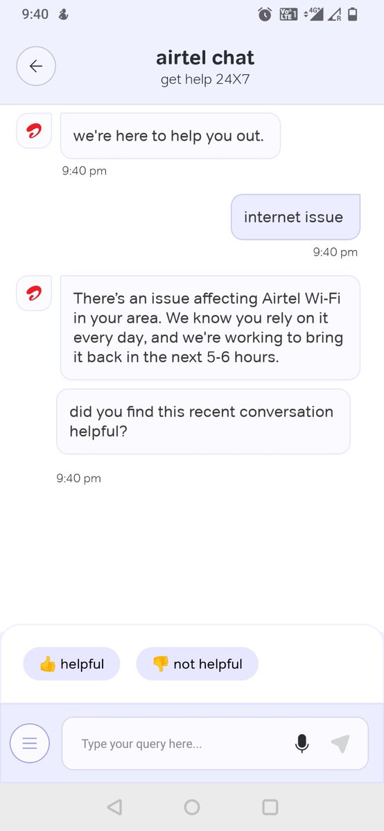 thangs4u's tweet photo. @airtelindia every alternate day or two we are having internet not available or cable broken issue in this area, but no compensation like extension n billing is promptly collected for complete period, no immediate and permenent solution. What kind of proffessionalism is this? https://t.co/g0ZOM5O3E1