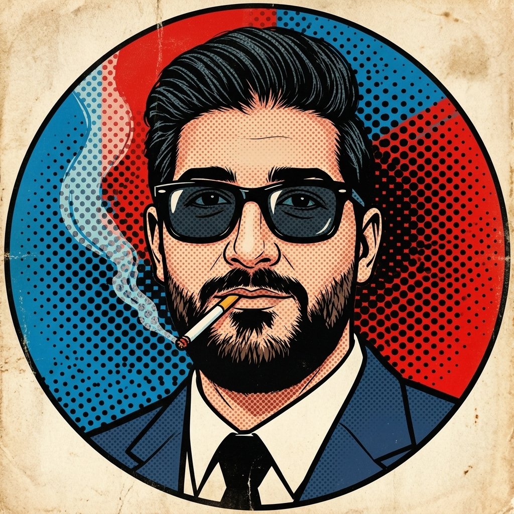 isl3li's tweet photo. Prompt 🖼⤵️

Circular pop art comic book style portrait in retro 1960s Roy Lichtenstein aesthetic, bold black ink outlines, classic ben-day halftone dots, vintage distressed paper texture with aged effects, high contrast, dramatic lighting. 

Exact same facial features as reference image, strong jawline, thick wavy black hair styled back, wearing black rectangular sunglasses, cigarette in mouth with light smoke, confident cool expression, wearing [suit color] suit jacket, white shirt and black tie. 

Circular composition, main color scheme is [color 1] and [color 2] with strong color blocking background and halftone patterns, premium quality, sharp details, 8k resolution --stylize 750 --v 6